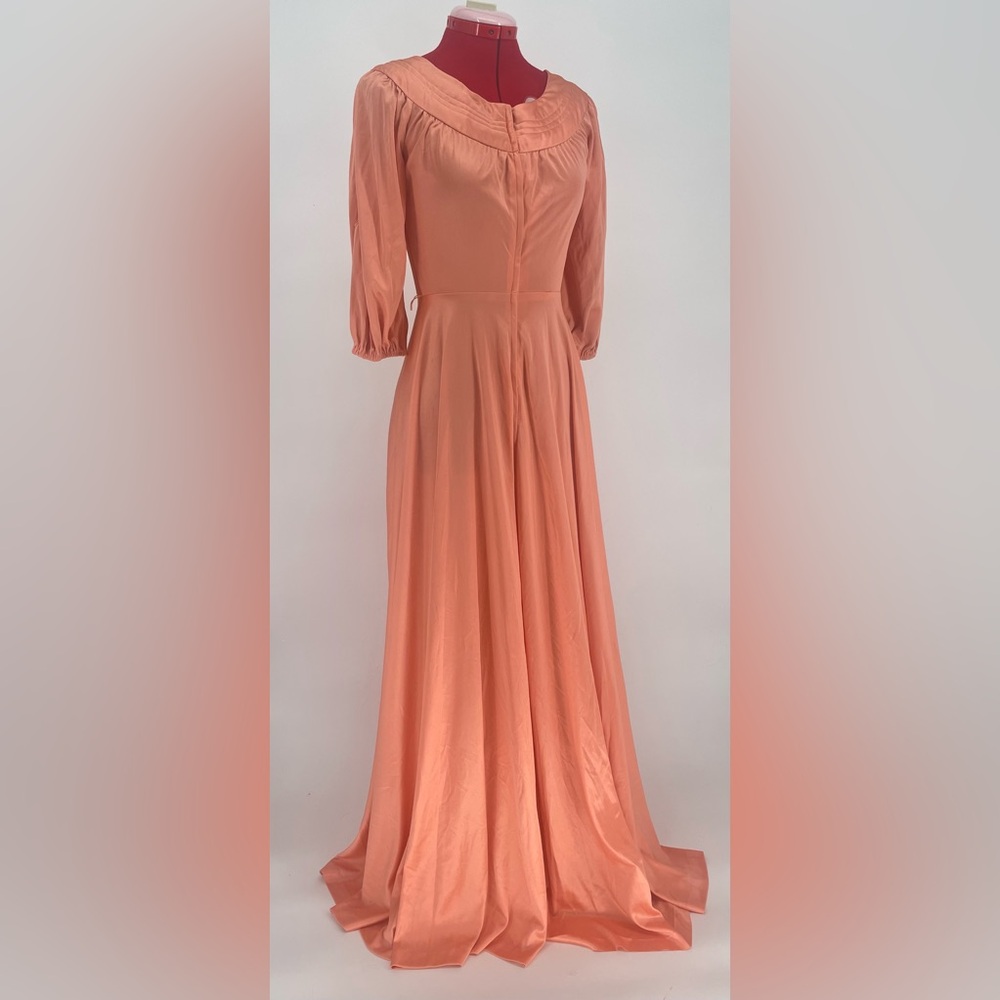1970s Coral Nylon Hostess Dress House Coat / Maxi Length Lounging Gown